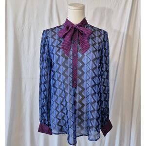 Hale Bob Womens 100% Silk Blue Purple Geometric Sheer Blouse Top Small